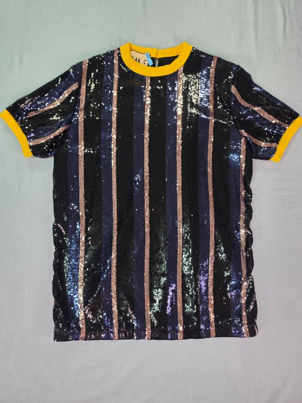 Plan C Italian Designer Sequin Striped T-Shirt Dress Yellow Ribbed Trim IT 42